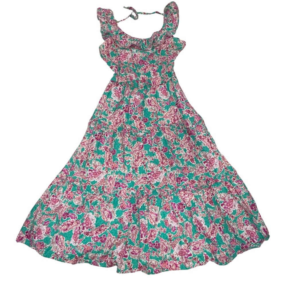 J. Crew Ruffle-Neck Tiered Midi Dress Pink Teal Green Fuchsia Turquoise Size 00